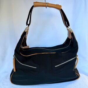 Tod's Miky Black Nylon Shoulder Bag Brown Leather Trim Zip Hobo Made in Italy